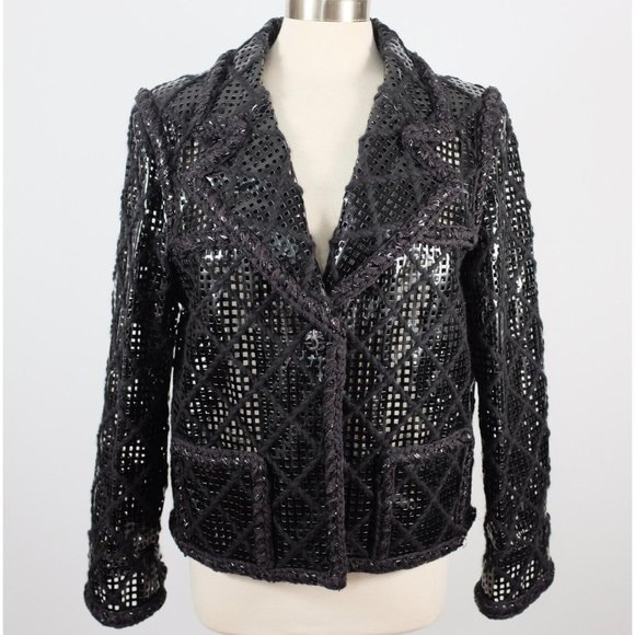 Chanel Brasserie 15K jacket coat 48 / 16 faux leather PVC perforated tweed black - Picture 1 of 16